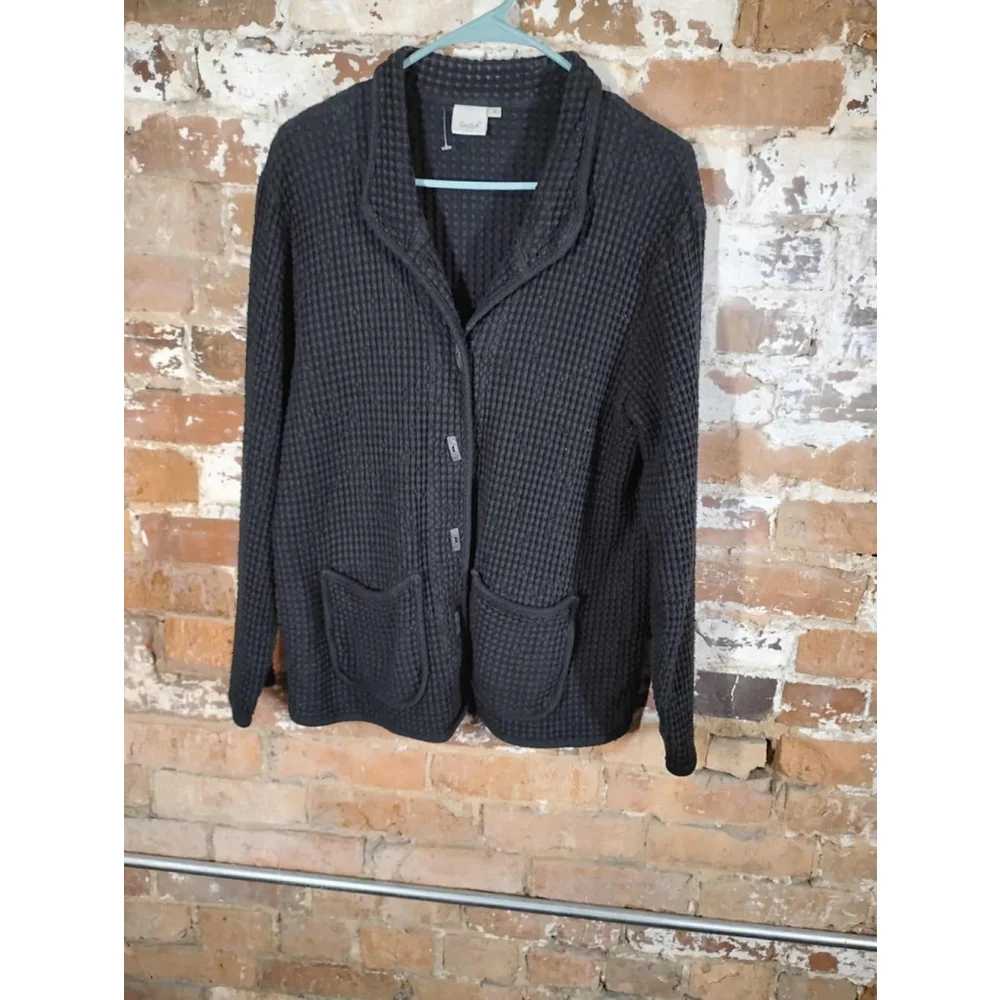 FOCUS Black Lagenlook Jacket Small Puffed Waffle Textured Weave Button Down Top - Picture 1 of 4